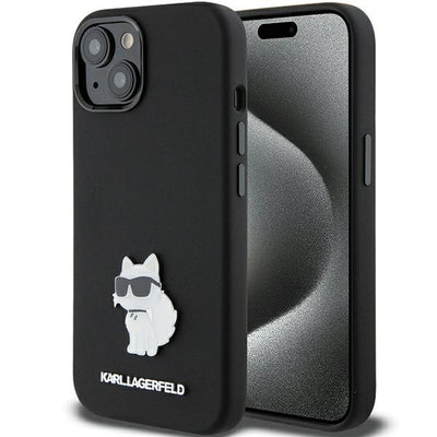 Husa Karl Lagerfeld Silicone Choupette Metal Pin pentru iPhone 15 Plus / 14 Plus - Negru
