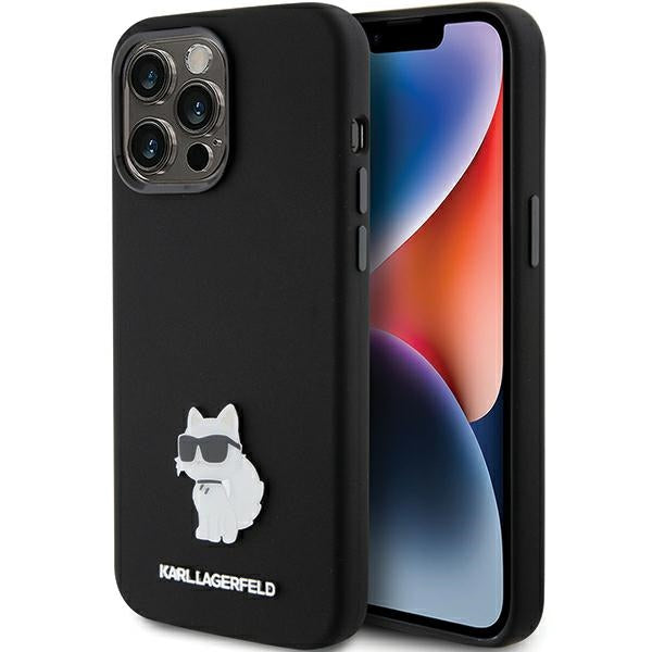Husa Karl Lagerfeld Silicone Choupette Metal Pin pentru iPhone 15 Pro Max - Negru