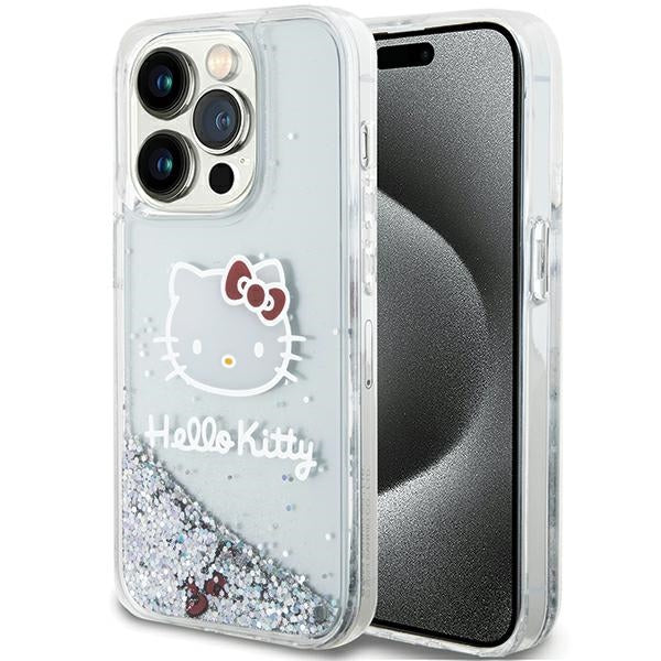 Husa Hello Kitty Liquid Glitter Charms Kitty Head pentru iPhone 14 Pro - Argintiu