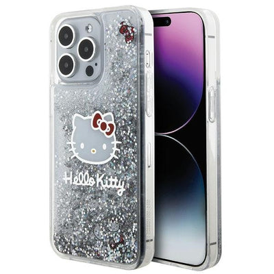 Husa Hello Kitty Liquid Glitter Charms Kitty Head pentru iPhone 15 Pro Max - Argintiu