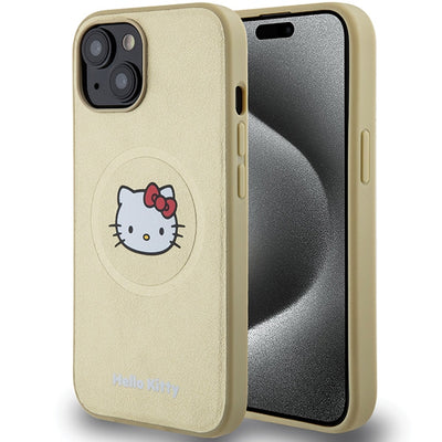 Husa Hello Kitty Leather Kitty Head Magsafe pentru iPhone 15 - Auriu