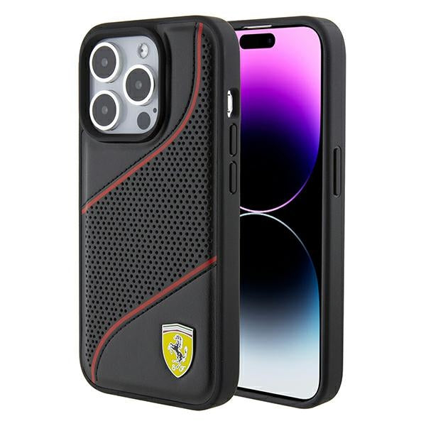 Husa Ferrari Perforated Waves Metal Logo pentru iPhone 15 Pro - Negru