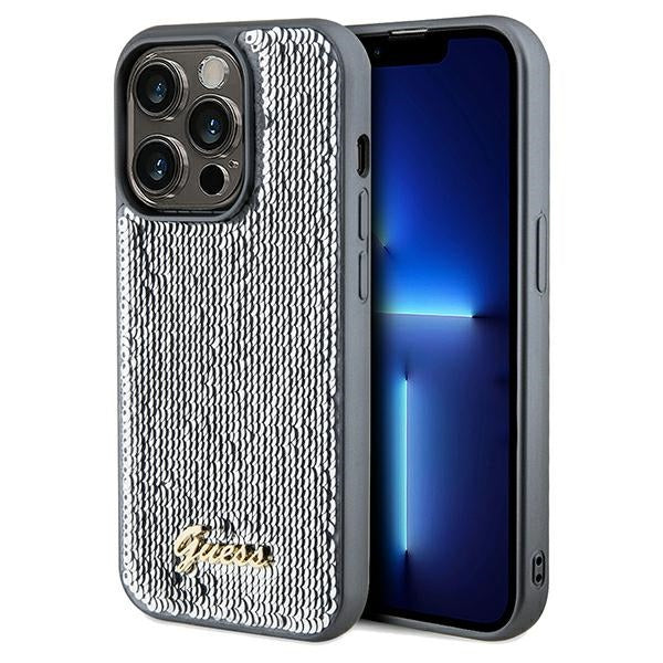 Husa Guess Sequin Script Metal pentru iPhone 14 Pro Max - Argintiu