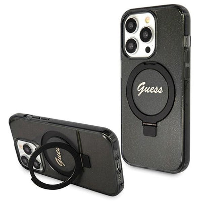 Husa Guess Ring Stand Script Glitter Magsafe pentru iPhone 13 Pro / 13 - Negru