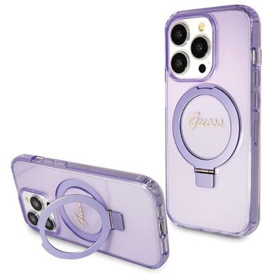 Husa Guess Ring Stand Script Glitter Magsafe pentru iPhone 13 Pro / 13 - Mov