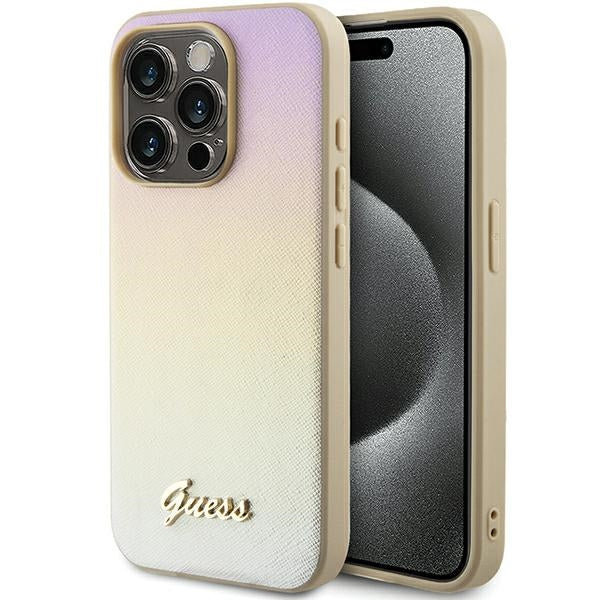 Husa Guess Saffiano Iridescent Script pentru iPhone 14 Pro Max - Auriu