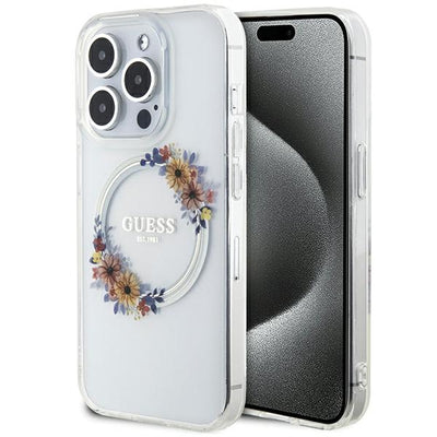 Husa Guess IML Flowers Wreatch Magsafe iPhone 15 Pro Max - Transparent