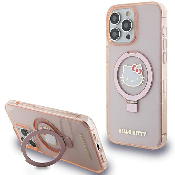 Husa Hello Kitty Ring Stand Glitter Electrop Logo Magsafe pentru iPhone 15 Pro Max - Roz