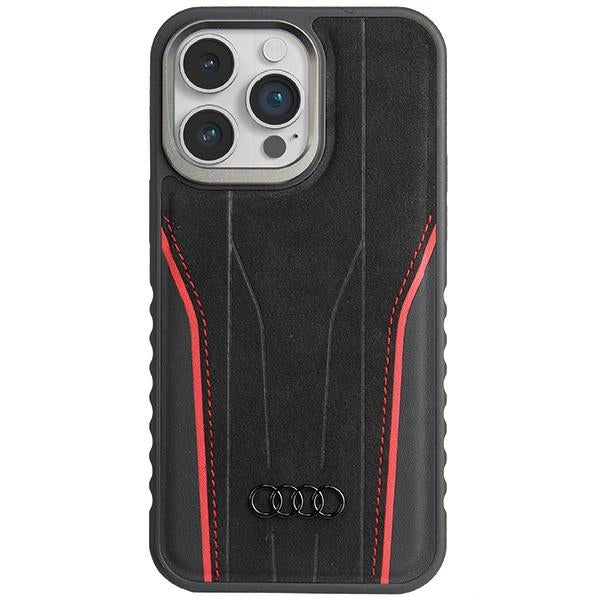 Husa Audi Genuine Leather cu Magsafe pentru iPhone 15 Pro - Negru And Rosu
