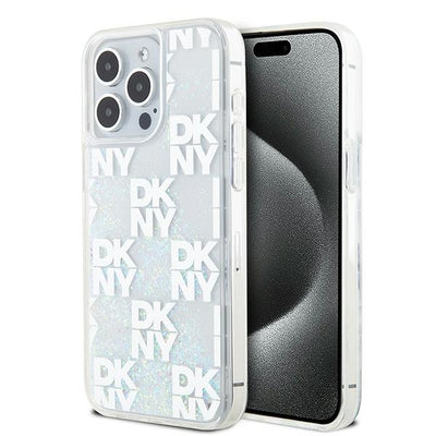 Husa Dkny Liquid Glitter Multilogo pentru iPhone 15 Pro Max - Alb