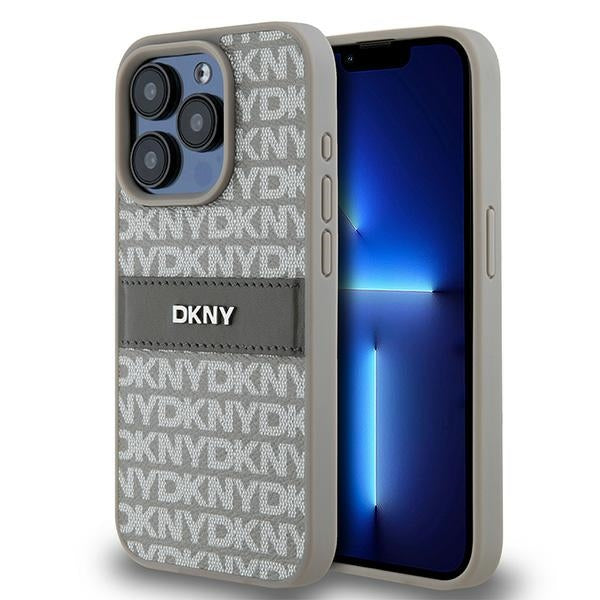 Husa Dkny Leather Mono Stripe & Metal Logo pentru iPhone 15 Pro - Bej
