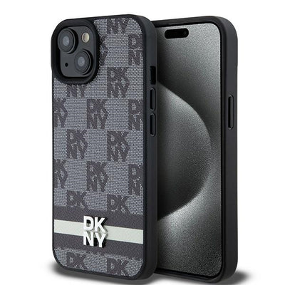 Husa Dkny Leather Checkered Mono Pattern & Printed Stripes pentru iPhone 15 Plus / 14 Plus - Negru