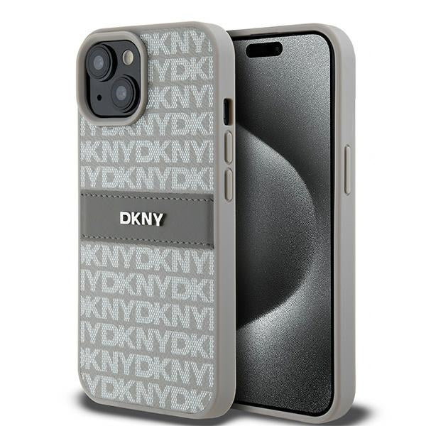 Husa Dkny Leather Mono Stripe & Metal Logo pentru iPhone 15 Plus / 14 Plus - Bej