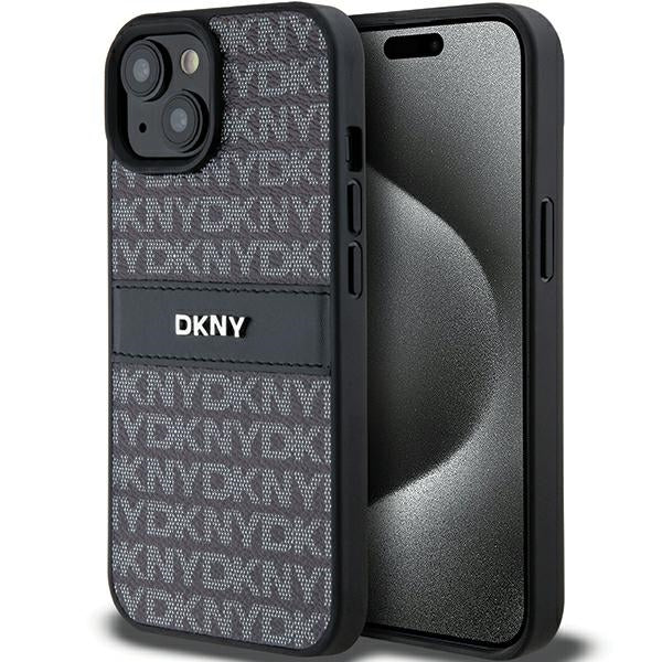 Husa Dkny Leather Mono Stripe & Metal Logo pentru iPhone 15 Plus / 14 Plus - Negru