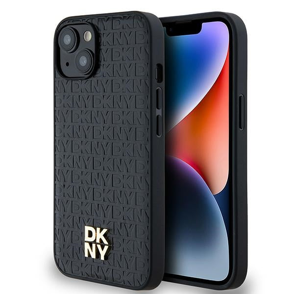 Husa Dkny Leather Monogram Pattern Metal Logo Magsafe pentru iPhone 15/14/13 - Negru