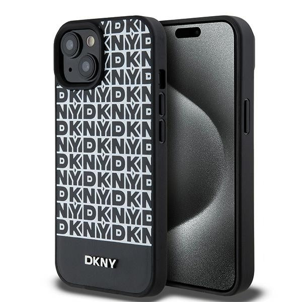 Husa Dkny Leather Printed Pattern Metal Logo Magsafe pentru iPhone 15/14/13 - Negru