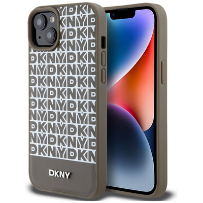 Husa Dkny Leather Printed Pattern Metal Logo Magsafe pentru iPhone 15 / 14 / 13 - Maro