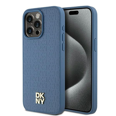 Husa Dkny Leather Monogram Pattern Metal Logo Magsafe pentru iPhone 15 Pro Max - Albastru