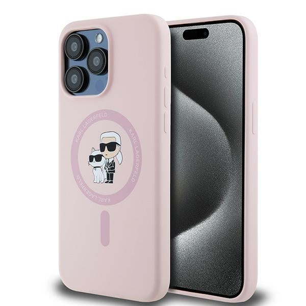 Husa Karl Lagerfeld Silicone Karl&Choupette Ring Magsafe pentru iPhone 15 Pro Max - Roz