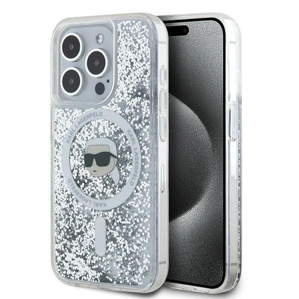 Husa Karl Lagerfeld Liquid Glitter Karl Head Magsafe pentru iPhone 15 Pro - Transparent