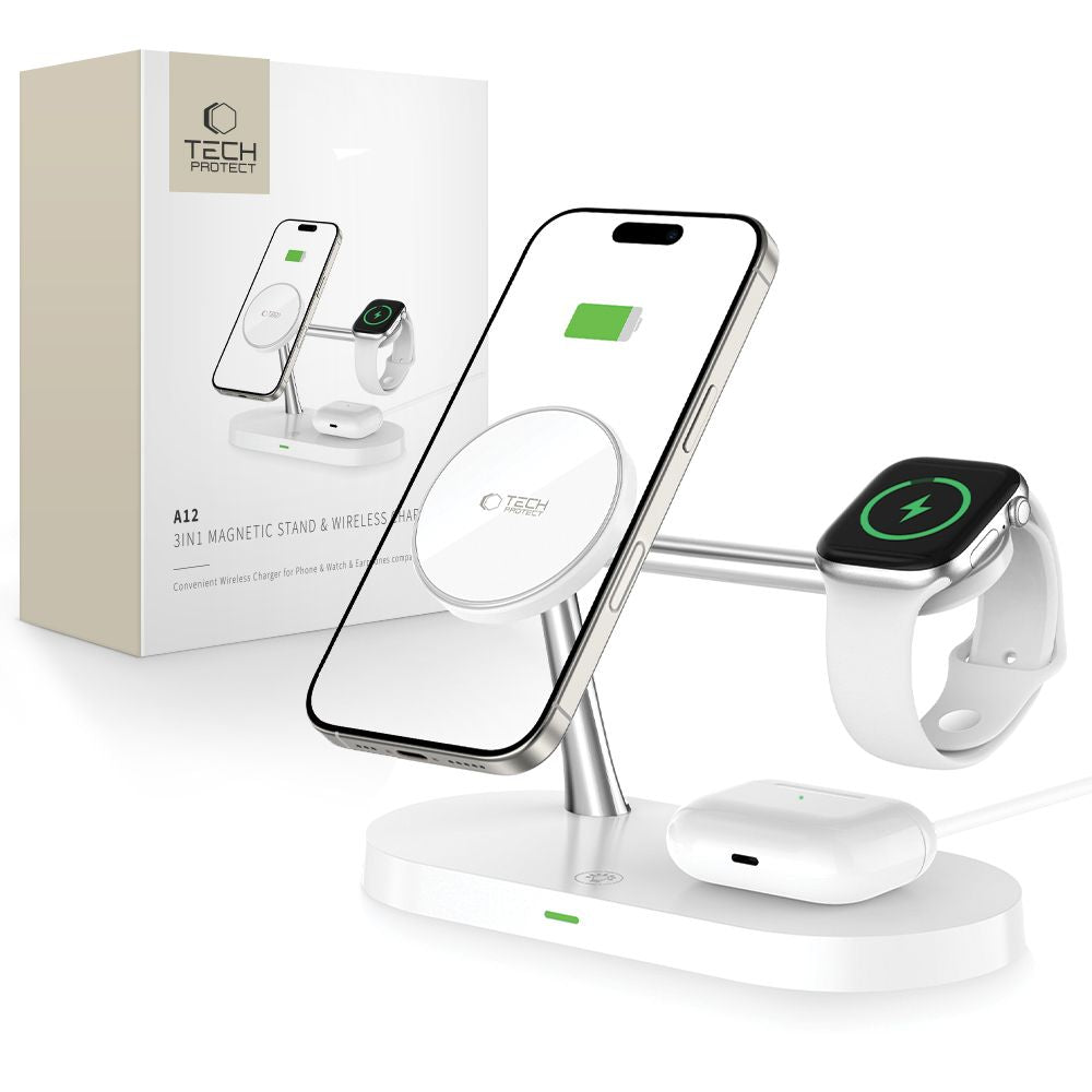Incarcator Tech-protect A12 3in1 Magsafe Inductive pentru Smartphone/Casti/Smartwatch - Alb