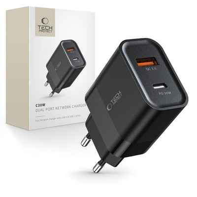 Incarcator Tech-protect C30w Usb-c PD 30W / Usb-a QC 3.0 - Negru