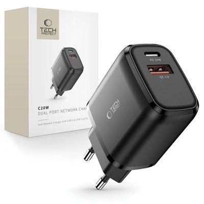Incarcator Tech-protect C20w Usb-c PD 20W / Usb-a QC 3.0 - Negru