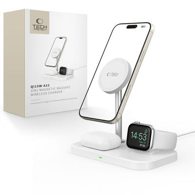 Incarcator Tech-protect Qi15w-a22 Magsafe Inductive cu 3in1 Magsafe Stand pentru Smartphone / Apple Watch / AirPods - Al