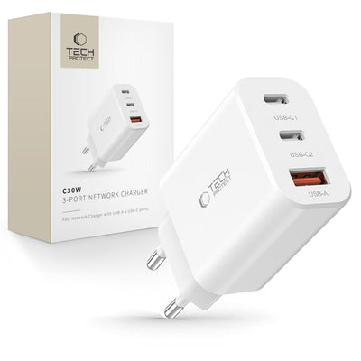 Incarcator Tech-protect Nc30w 2x Usb-c PD 30W / Usb-a QC 3.0 - Alb