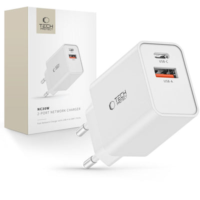 Incarcator Tech-protect Nc30w Usb-c PD 30W / Usb-a QC 3.0 - Alb