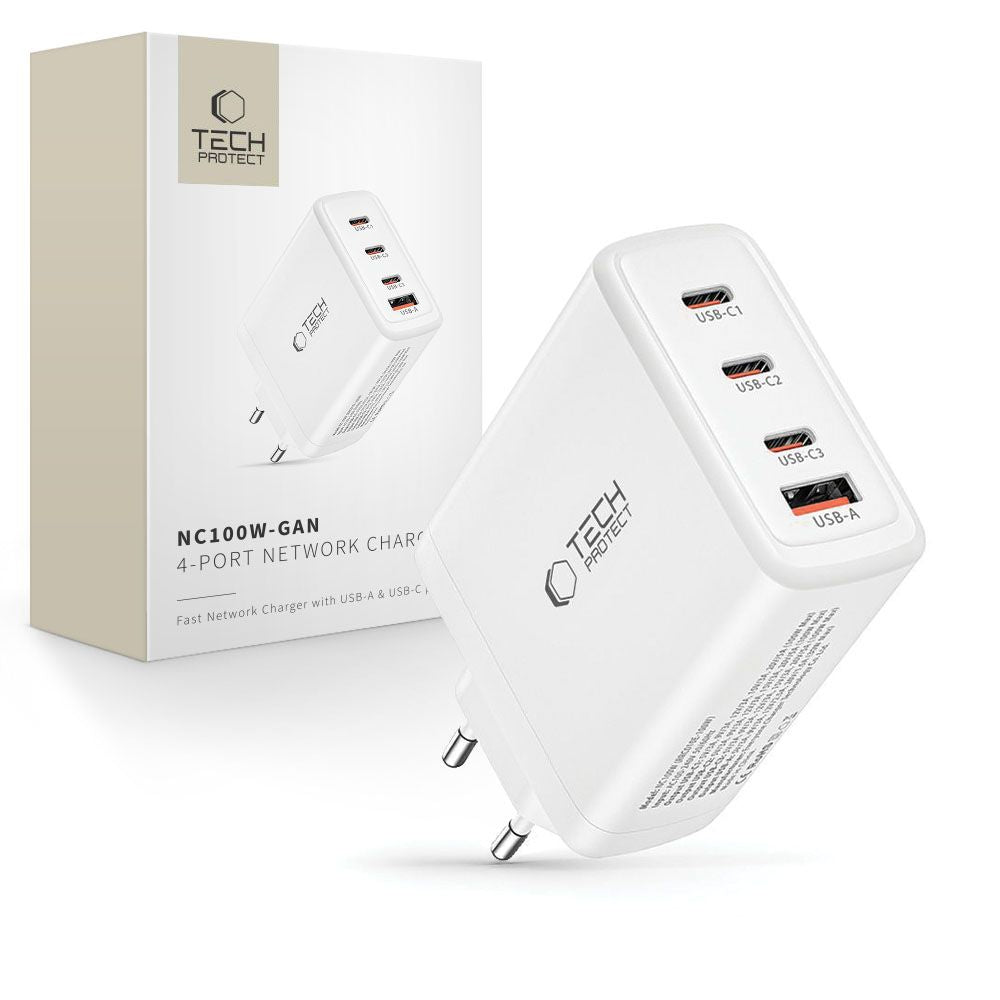 Incarcator Tech-protect Nc100w-gan Gan 3x Usb-c PD 100W / Usb-a QC 3.0 - Alb