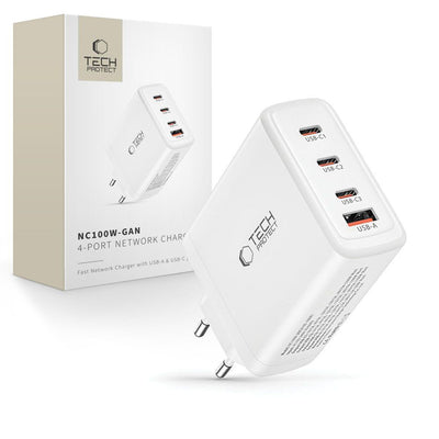Incarcator Tech-protect Nc100w-gan Gan 3x Usb-c PD 100W / Usb-a QC 3.0 - Alb