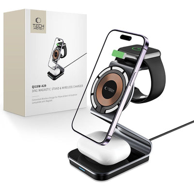 Incarcator Tech-protect Qi15w-a29 3-in-1 Inductive cu Magsafe pentru Smartphone / Apple Watch / AirPods - Negru