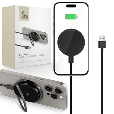 Cablu Tech-protect Qi15w-a33 Inductive Incarcator cu Magsafe And Stand cu Usb-a / Usb-c - Negru