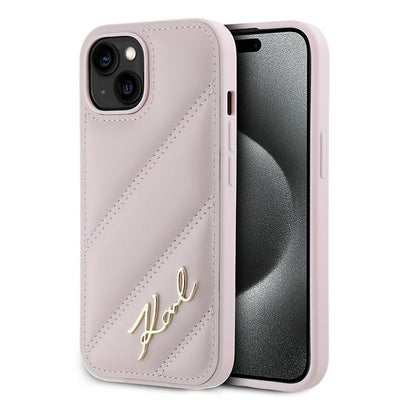 Husa Karl Lagerfeld Diagonal Quilted Script pentru iPhone 14 / 15 / 13 - Roz