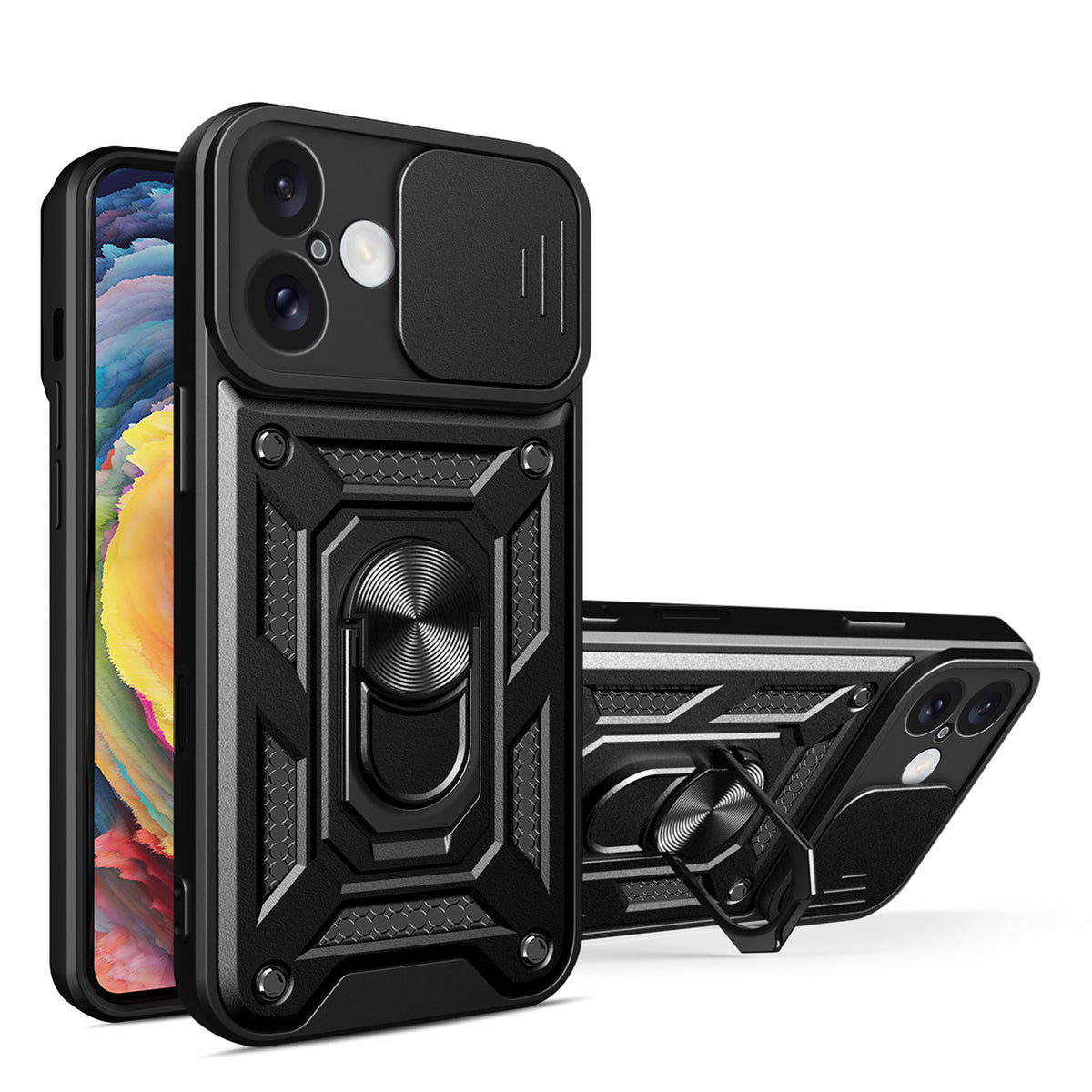 Husa Hybrid Armor Camshield iPhone 16 Plus Armored cu Camera Cover And Stand - Negru