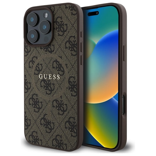 Husa Guess piele sintetica 4G Colored Ring Magsafe pentru iPhone 16 Pro Max Maro