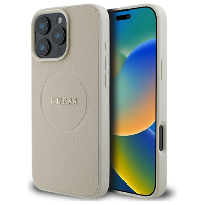 Husa Guess Grained Auriu Ring Magsafe pentru iPhone 16 Pro Max - Bej