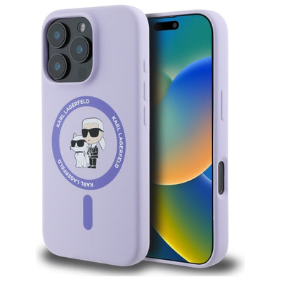 Husa Karl Lagerfeld Silicone Karl&Choupette Heads Ring Magsafe pentru iPhone 16 Pro - Mov
