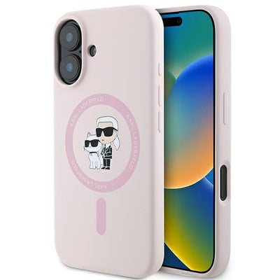 Husa Karl Lagerfeld Silicone Karl&Choupette Heads Ring Magsafe pentru iPhone 16 Plus - Roz