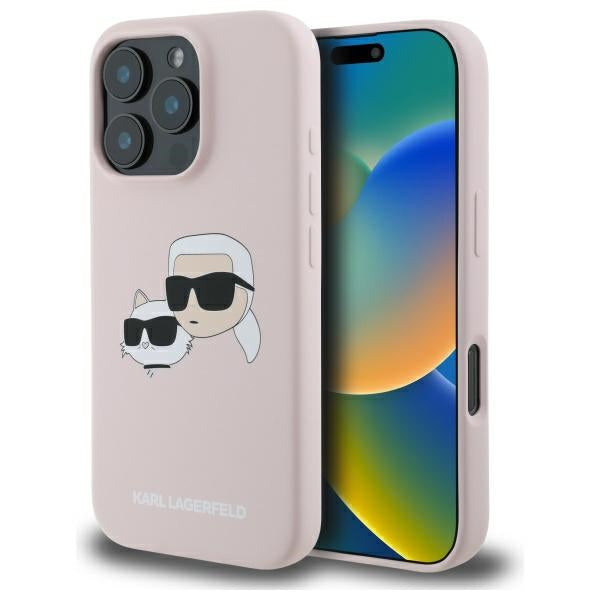 Husa Karl Lagerfeld Silicone Nauble Heads Print Magsafe pentru iPhone 16 Pro Max - Roz