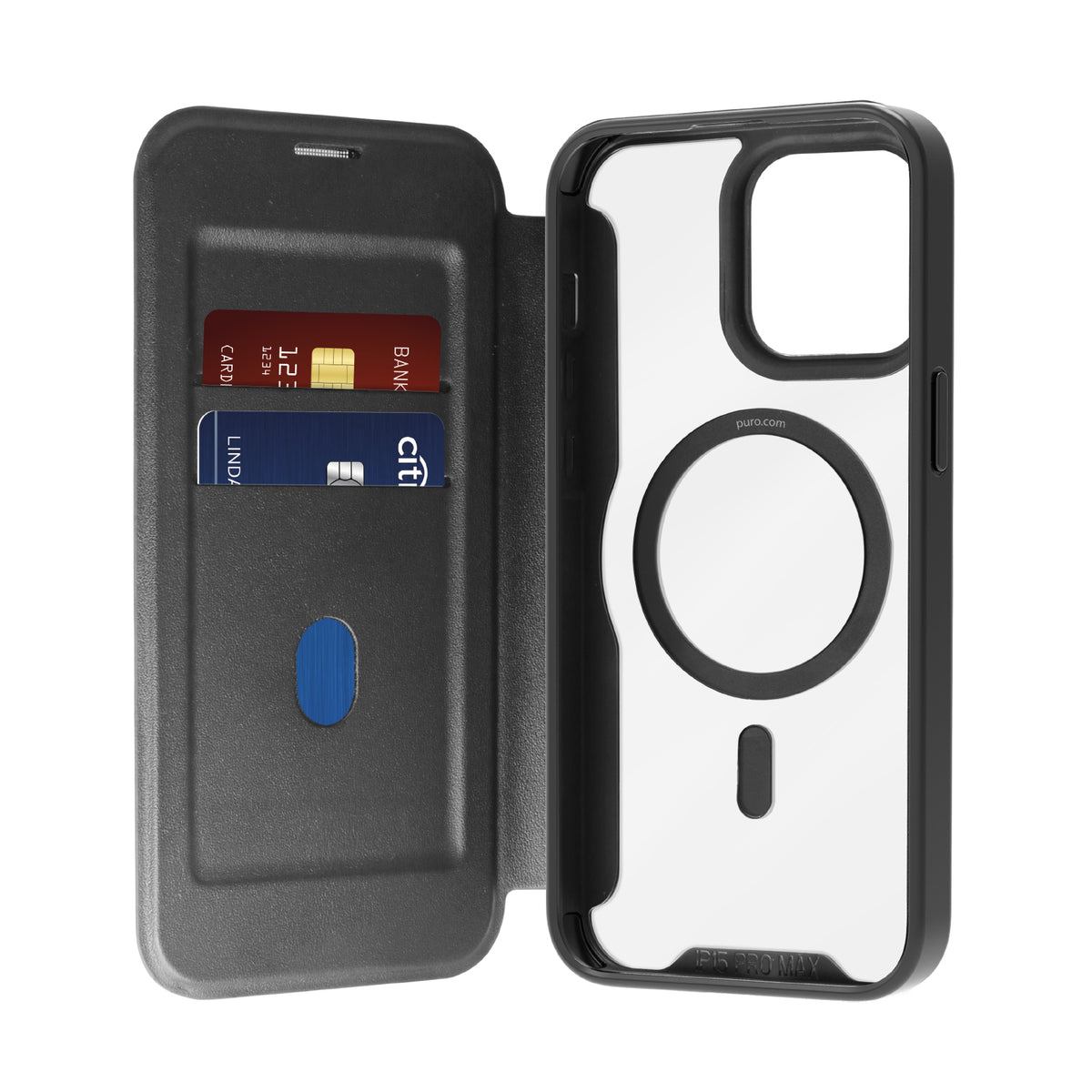 Husa Puro Book Mag Magsafe Leather cu Flap And Card Slot pentru iPhone 16 Pro Max - Negru