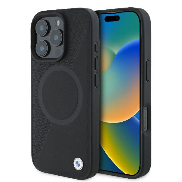 Husa BMW Signature Leather Half Textured & Circle Magsafe pentru iPhone 16 Pro - Negru