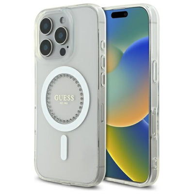 Husa Guess IML Rhinestones Magsafe pentru iPhone 16 Pro Max - Alb