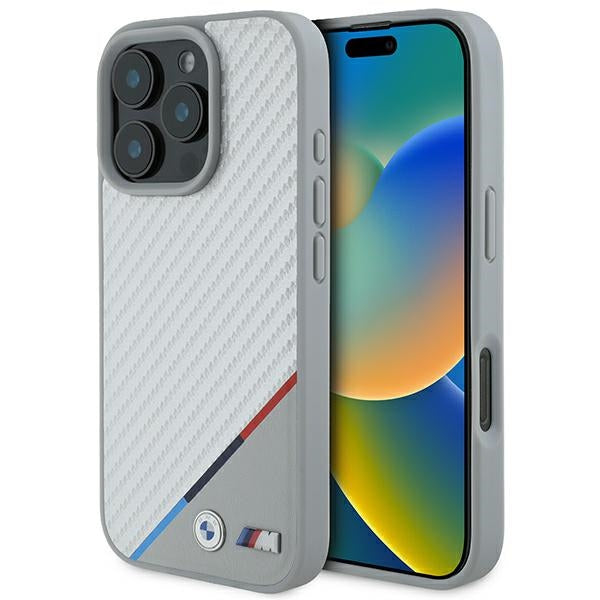 Husa BMW M Carbon Tricolor Line Magsafe pentru iPhone 16 Pro - Gri