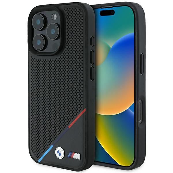 Husa BMW M Perforated Tricolor Line Magsafe pentru iPhone 16 Pro - Negru