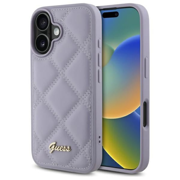 Husa Guess Quilted Metal Logo pentru iPhone 16 - Mov deschis
