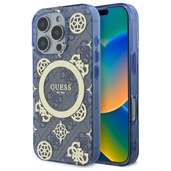 Husa Guess IML Peony On 4G Background Magsafe pentru iPhone 16 Pro - Albastru