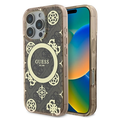Husa Guess IML Peony On 4G Background Magsafe pentru iPhone 16 Pro - Maro