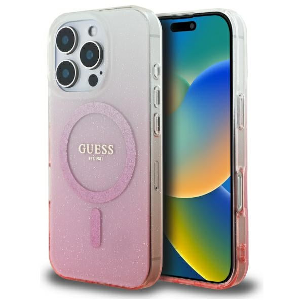 Husa Guess IML Glitter Gradient Magsafe pentru iPhone 16 Pro - Roz